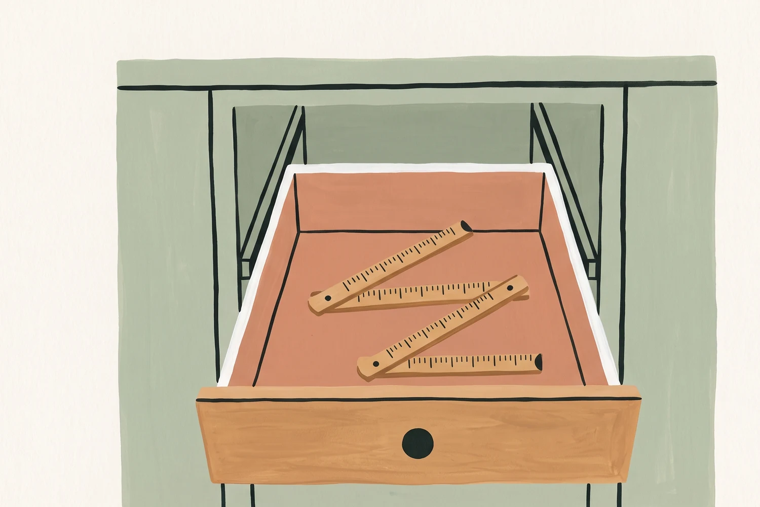 An open kitchen drawer seen from the front, the drawer box clearly narrower than the cabinet opening around it, a wooden folding rule lying across the inside of the drawer.