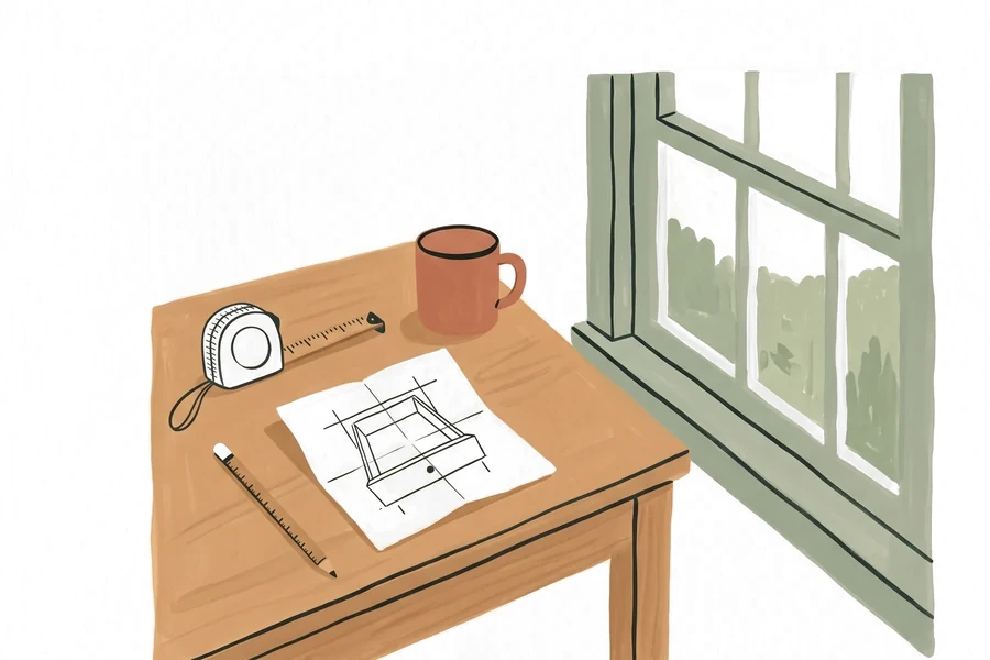 Painted drawing of a desk by a window with a tape measure, a pencil, a blank paper drawer plan and a mug