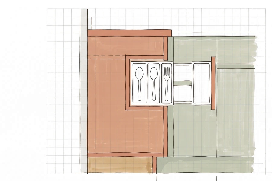 Drawing of a cabinet cut through: the drawer box inside is narrower than the cabinet around it